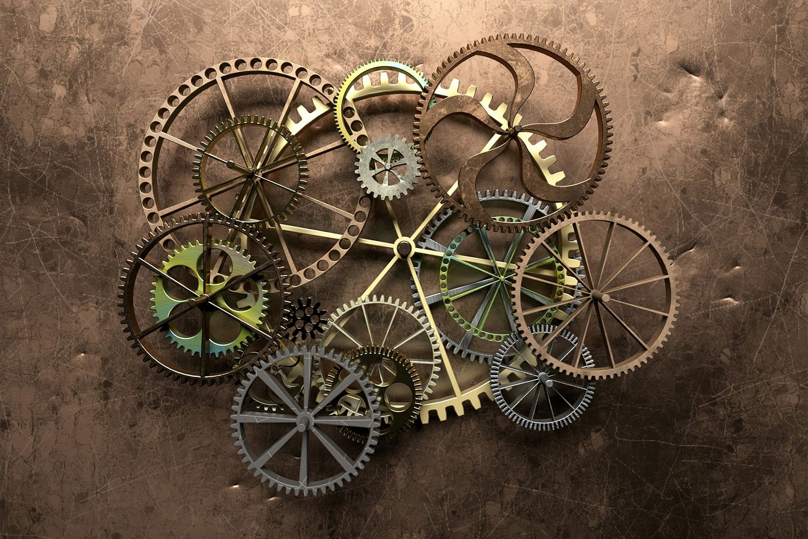 Interlocking brass and steel gears on a copper background
